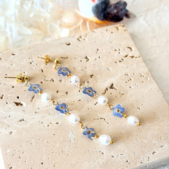 Handmade Delicate Blue Forgive Me Not Pearl Drop Earrings - Women Jewelry - Picture 4 of 7